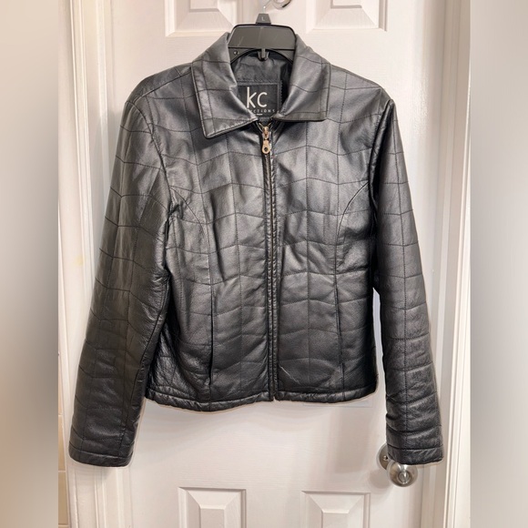 KC Collections Black Leather square stitched Jacket, Size Small - Picture 13 of 16